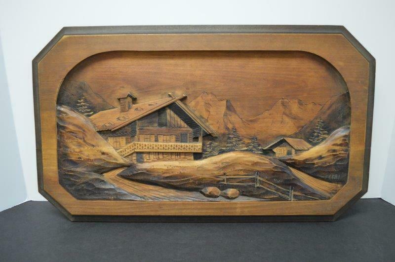 Vintage Plaque Wood Burn Hand Carved Chalet Alps French Swiss Pyrenees Trees