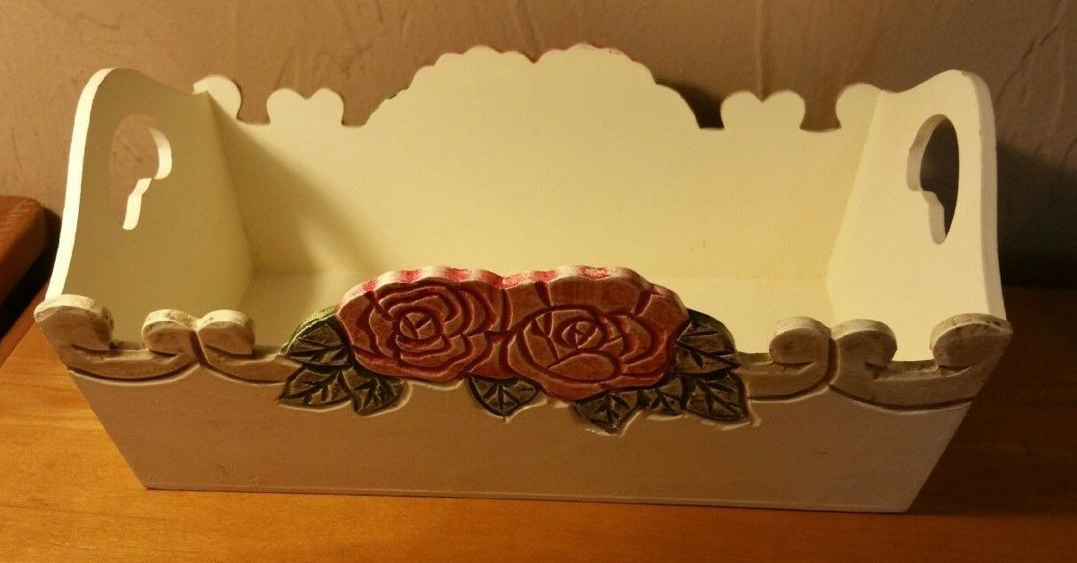 WOODEN DECOR BOX WITH CARVED ROSES AND HEART HANDLES