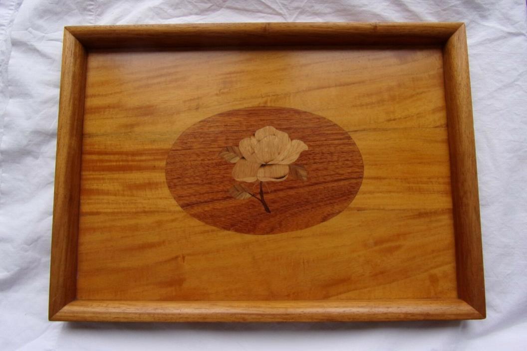Vintage Marquetry Wood Inlay Frame Tray Floral Single Rose Design
