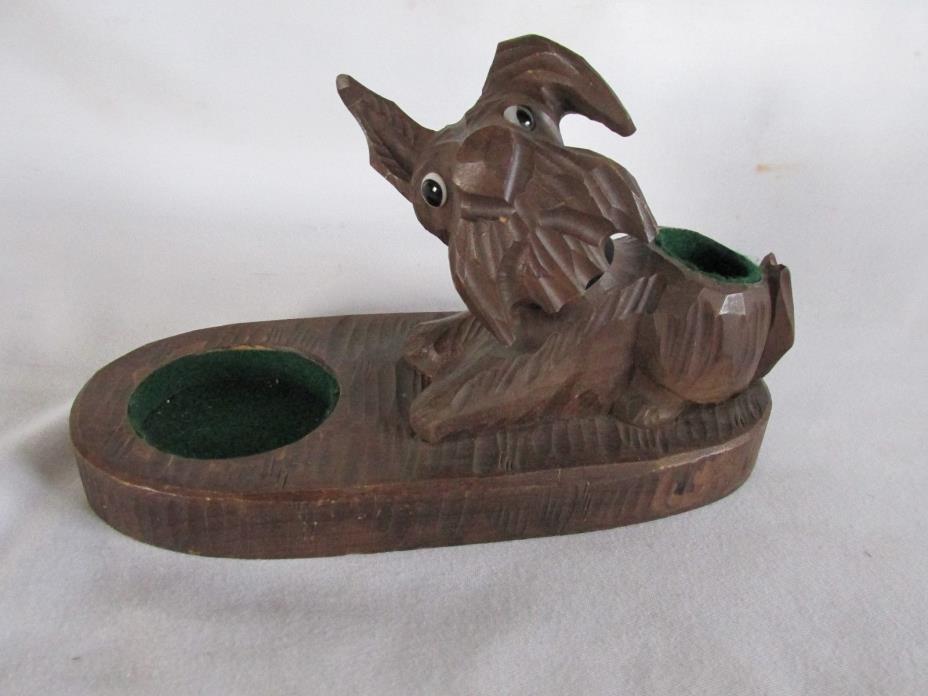 Vintage Carved Wood Smoking Stand or Desk Stand with Cute Dog, German Style