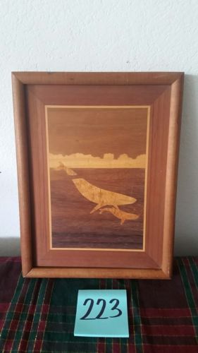 Vintage Framed Wood Marquetry Inlay Picture Blue Whale Calf Swimming 10