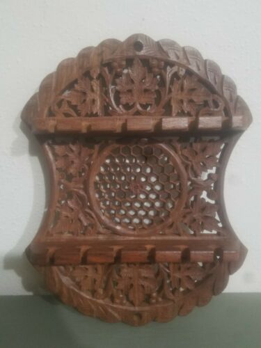 ANTIQUE SARNA! VERY DETAILED CARVED WOOD 12 SPOON HOLDER SIGNED & MADE IN INDIA