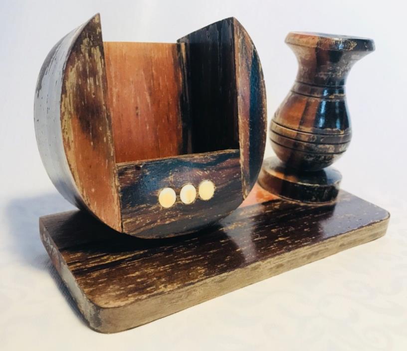Vintage Business Card & Pen Holder Turned Inlaid Wood Hand Crafted Aged Patina