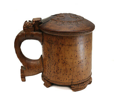 Antique Norwegian Hand Carved Wood Lidded Drinking Mug Tankard, 18th Century