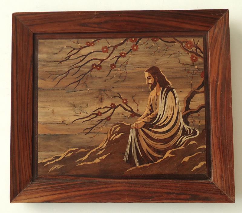 Jesus In the Garden Vintage Exotic Wood Marquetry Picture Holy Land Art?