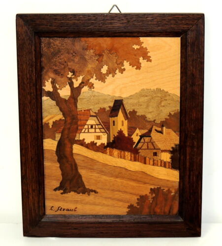 Vintage Marquetry Wood Inlay European Village Signed by Lucien Straub 7