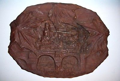 Antique WWI? WWII? Black Forest Plaque Signed-Trench Art-Heidelberg Castles