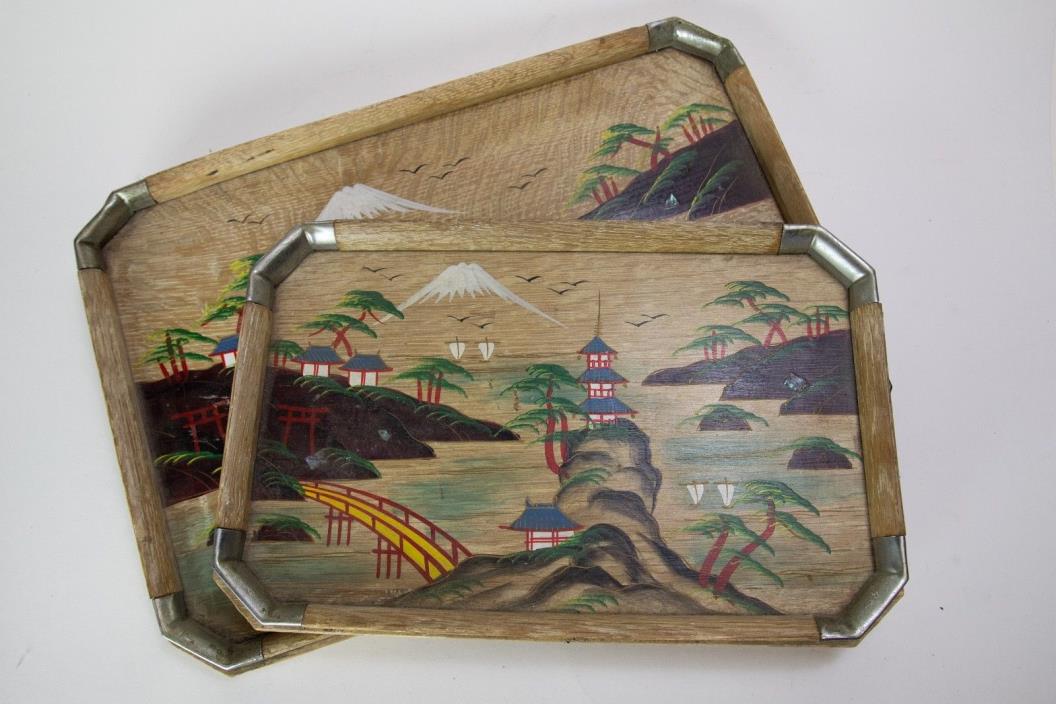 Vintage Nesting Trays Wooden Japan Hand-Painted Wooden Set Mid Century Modern