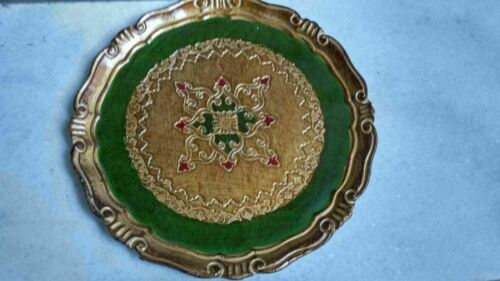 Vintage Florentine Gold Gilt/Green Round Florentine Tray Made in Italy