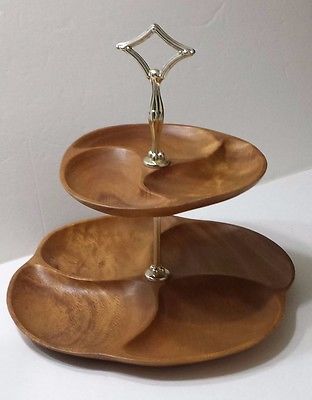 Mid Century Modern Talarico Woodenware Two Tier Wood Candy Nut Tray