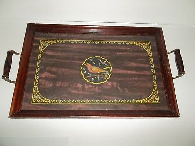 STUNNING VINTAGE WOODEN SERVING TRAY GLASS SURFACE DBL HANDLES BIRD DETAILS