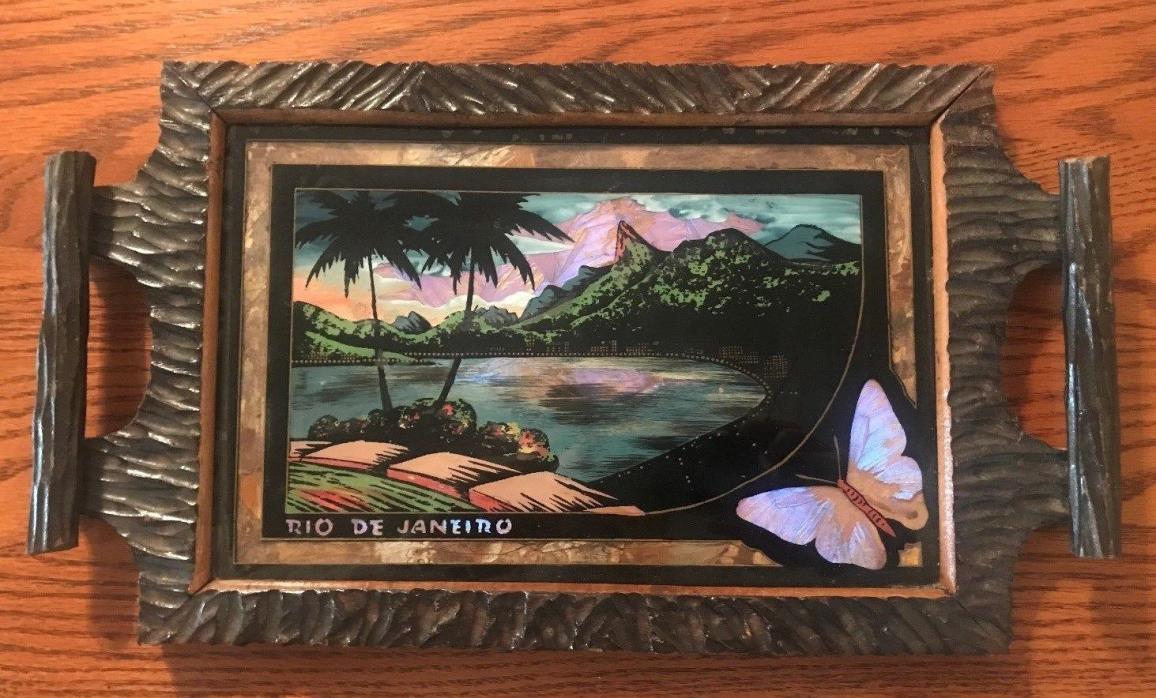 Vtg Art Deco Rio De Janeiro Inlaid Wood Wooden Glass Mirror Tray Butterfly Wing