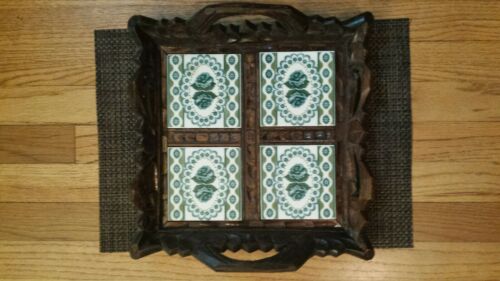 VINTAGE HAND-CARVED WOOD SERVING TRAY WITH INLAID TILES