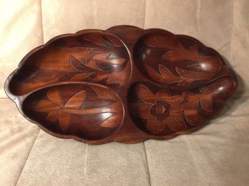 Vintage Handcarved Exotic Two Toned Wood Divided Tray Flower Design Antique