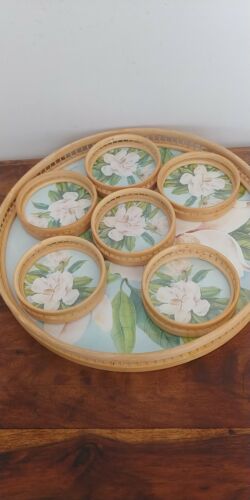 Vintage DH Holmes Southern Magnolia Bamboo Tray And Coasters