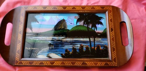 Vintage Iridescent Butterfly Wing Art Tray Marquetry Inlay