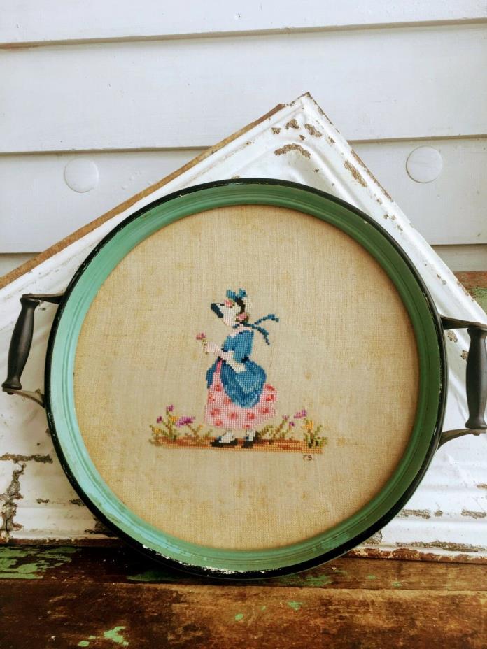 Antique Green Shabby Wood Round Tray With Needlepoint Victorian Lady W/Glass