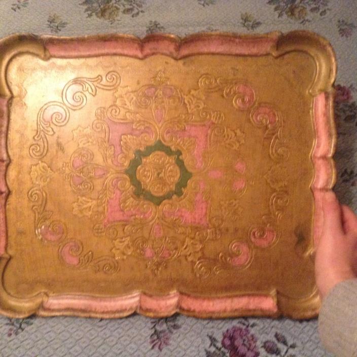 Antique Gold Finish Green and Pink wooden Tray Ornate Designs, Large Shabby Chic