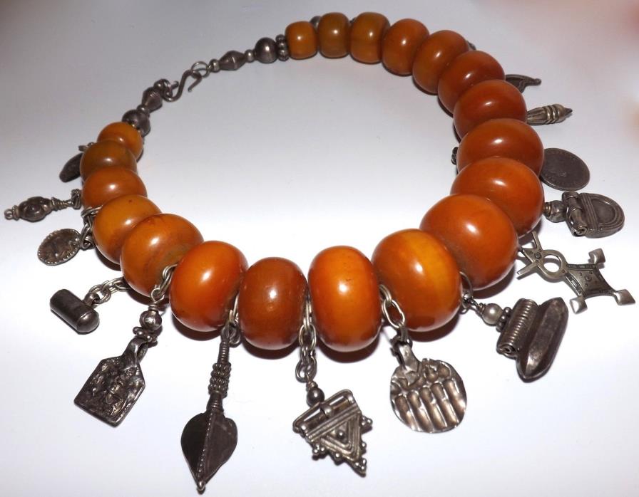 Antique Moroccan Amber Beaded Silver Charm Ancient Beads Necklace 192 grams REAL