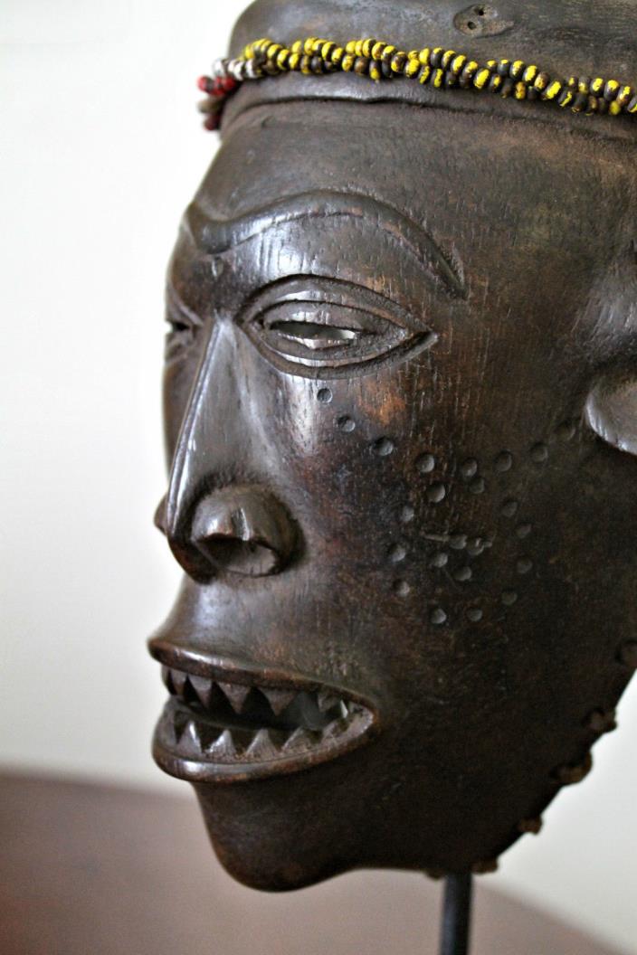 COMPELLING LWENA PWO MASK w/BEADED LEATHER HELMET ~ African Art/DR Congo