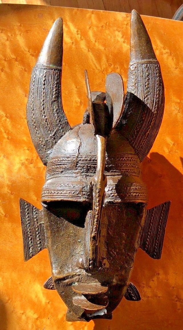 Antique bronze Cote D'Ivoire Senufo Tribal Art Horns Kpelie Mask African 14
