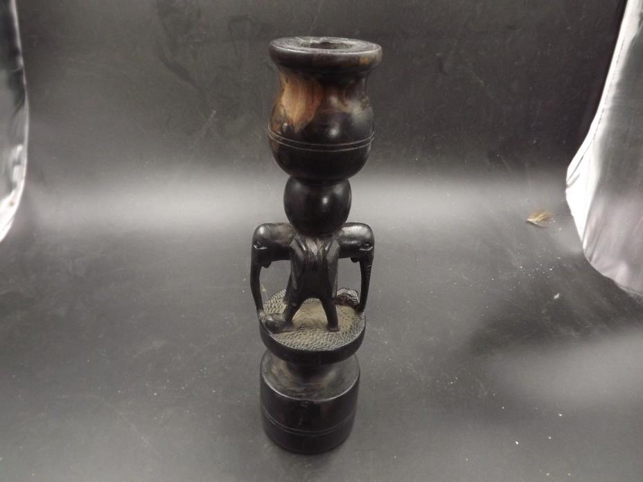 ANTIQUE EBONY AFRICAN CARVED 10IN CANDLE STICK ELEPHANT DECORATION