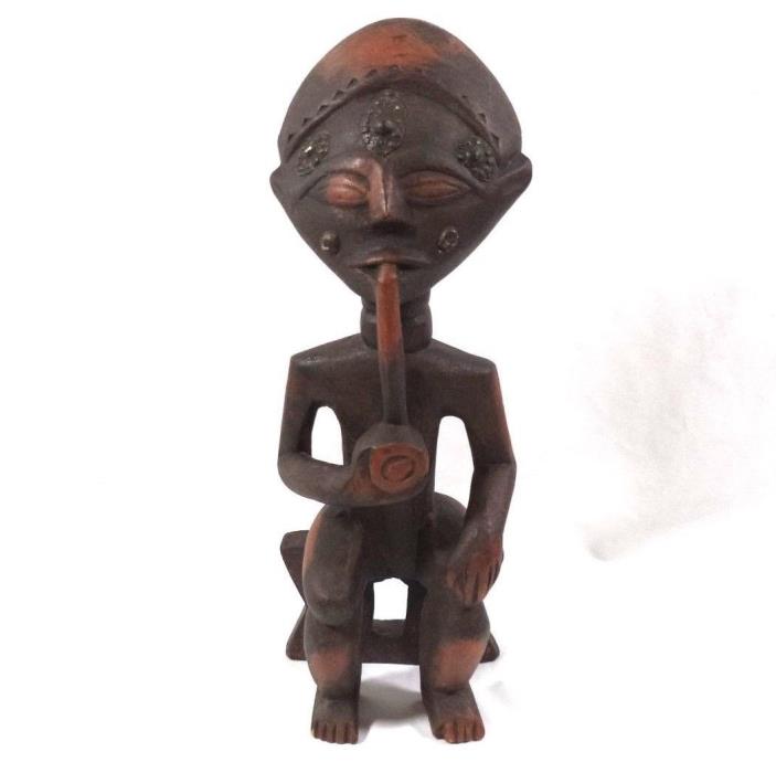 African Ashanti Tribal Seated Male Smoking Statue Ghana Africa