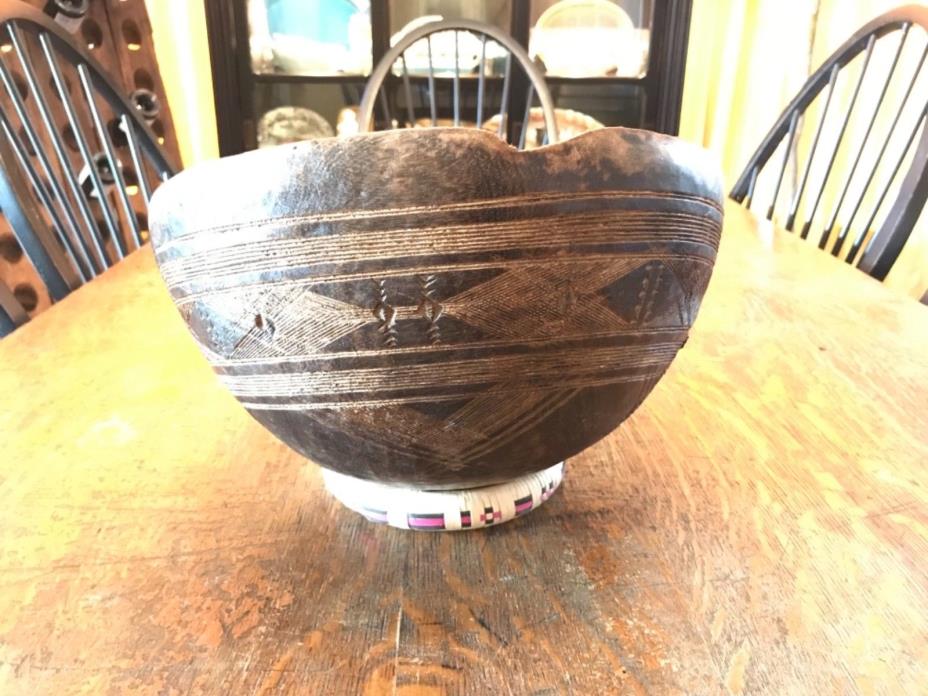 Antique Tuareg Hand Carved Tazawat Wood Milk Bowl W Tribal Repairs Niger, Africa