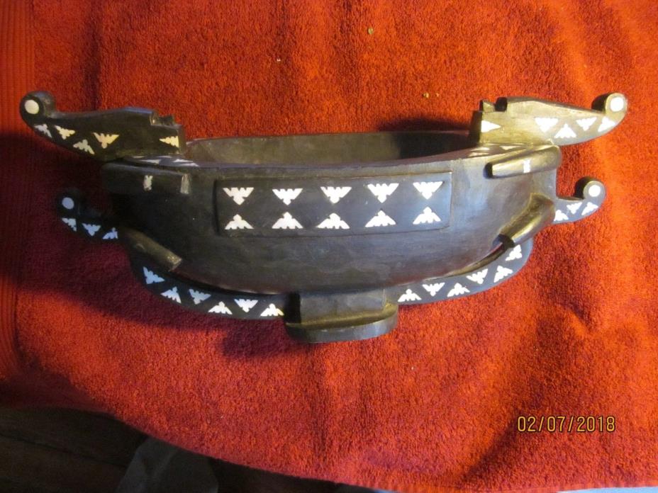 Antique Solomon Islands / Mauritius Ebony 2 Demon Ritual Bowl, w/ 248 MOP inlays