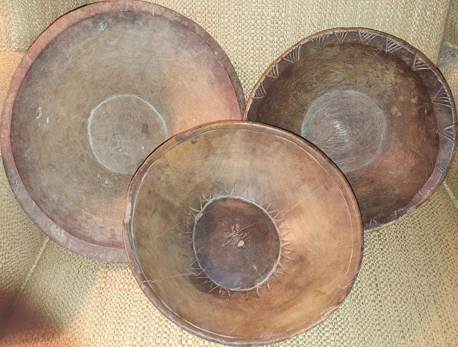 Lot of 3 Antique Tuareg Hand Carved Primitive Wood African Tribal Bowl from Mali