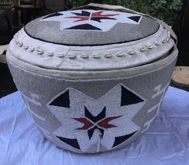 Vintage grass woven beaded Basket with cowrie shells , Africa