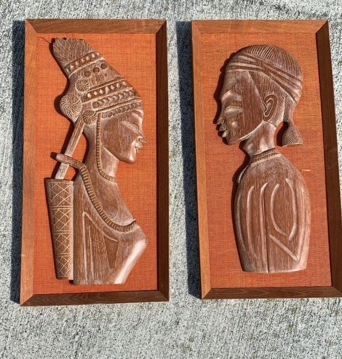 Vintage AFRICAN TRIBAL WALL ART Man & Woman Wood Sculpture 3D Hand Carved SET 2