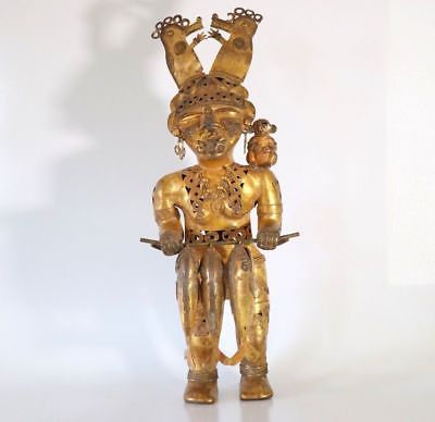 ORIGINAL TWO FOOT COLOMBIAN GOLD COPPER TUMBAGA SHAMAN QUEEN WITH THREE FISH