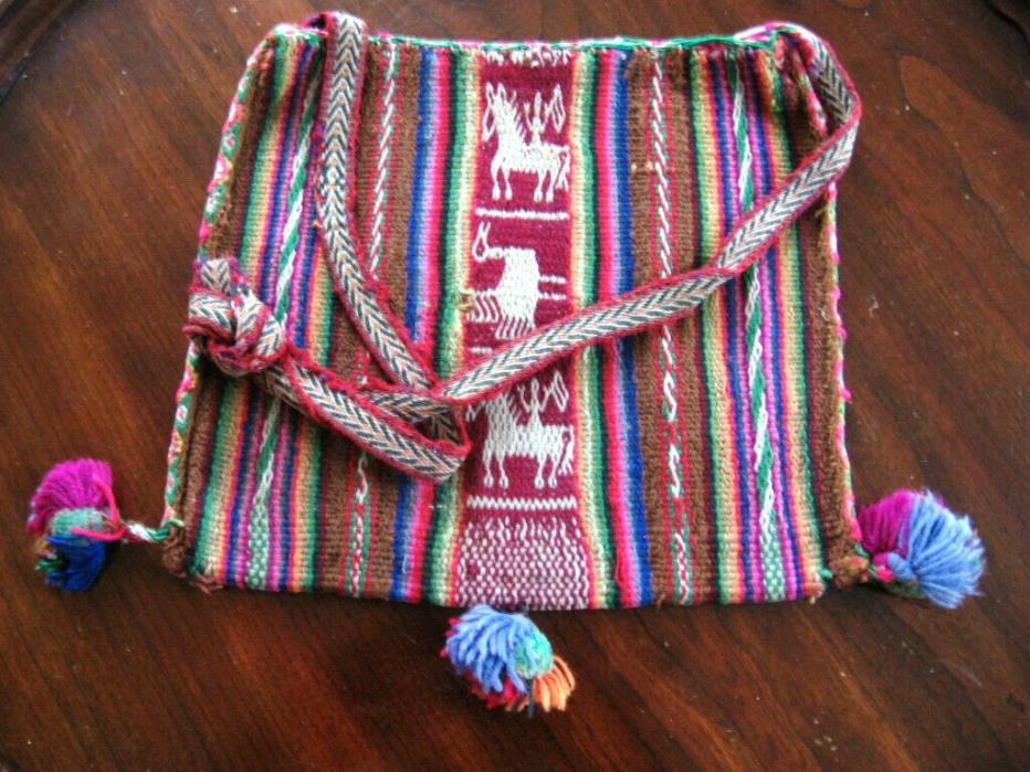 Vintage Woven Alpaca Pouch Peru Very Nice Condition Long Wide Strap