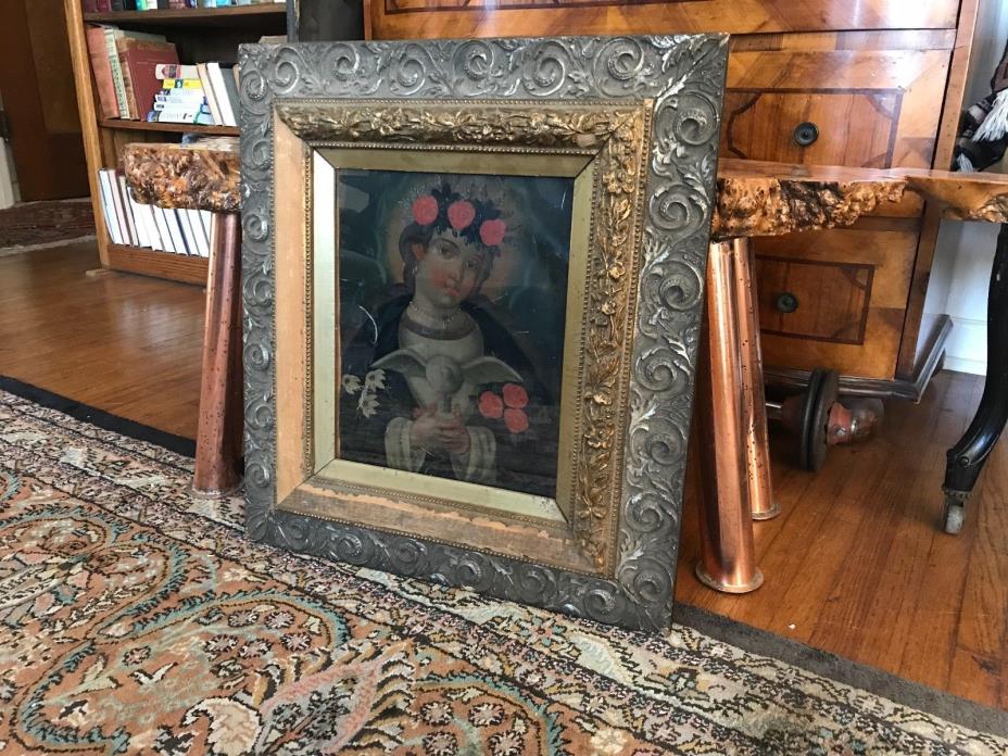 HOLY SPIRIT’S ANNUNCIATION ANTIQUE MEXICAN FOLK ART TIN PAINTING  RETABLO 19c.