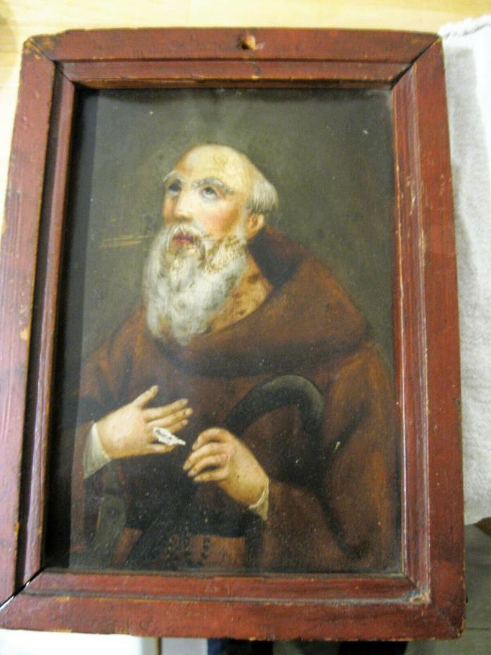 ORIGINAL 1800'S RETABLO ON TIN IMAGE OF SAINT FRANCIS EXCELLENT RENDITION FRAMED