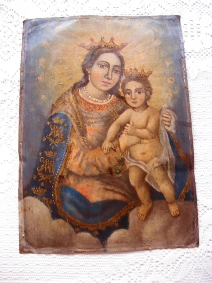 ORIGINAL ANTIQUE RETABLO ON TIN OF OUR LADY OF REFUGE IN GOOD CONDITION