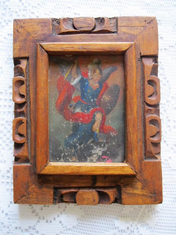 ORIGINAL ANTIQUE RETABLO ON TIN WITH THE IMAGE OF ARCHANGEL MICHAEL GREAT FRAME