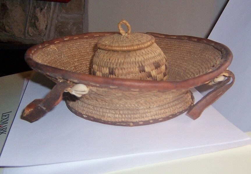 antique Native American Basket gift Bowl.shell and hide trim along with small 1