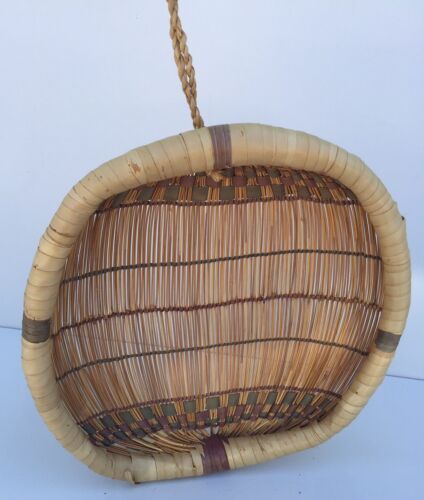 Vintage Hand Woven Basket Native Grass Wall Hanging Threshing Detailed 16x15x3