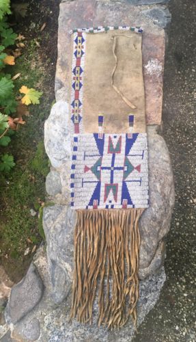 Antique 1880's Plains Indian Arapaho Beaded Pipe Bag Sinew Sewn