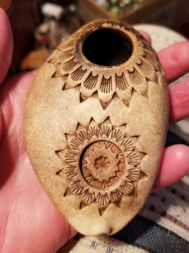 Antique  American Indian stone hand carved sun pattern   smoking  pipe