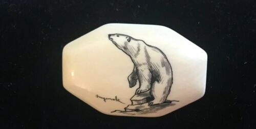 VINTAGE Polar Bear Inuit Bone Scrimshaw PIN BROOCH Signed!!