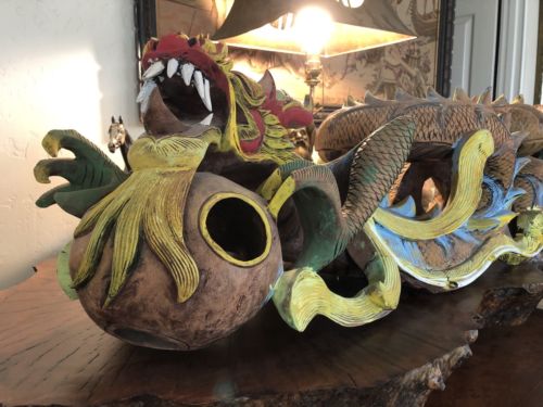 Old Hand Carved Wood 41” Hot-head! Fire Breathing Architectural Salvaged Dragon
