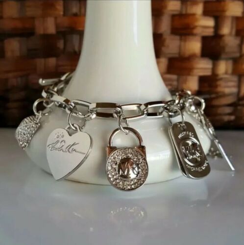 MK Michael Kors Charms Bracelet Bangle Womens Jewelry Accessory Silver Tone Key