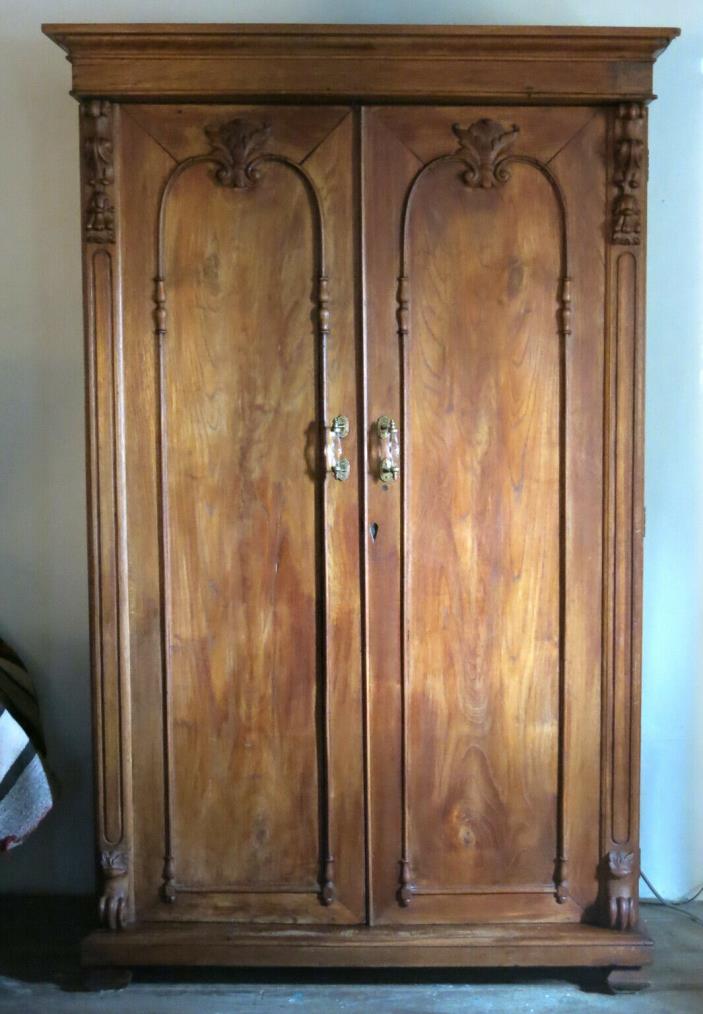 Antique 19th Century Hand-Carved American Walnut Armoire - 6 Shelves 2 Drawers