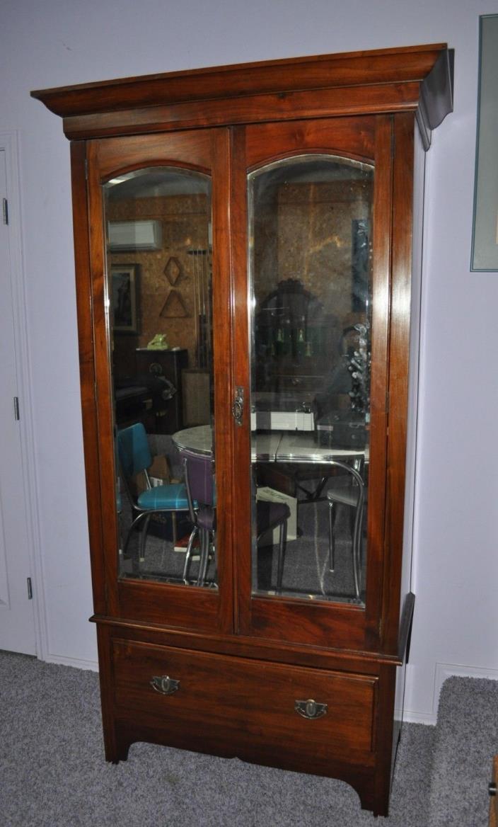 Large Antique Victorian Armoire with Beveled Mirror Doors and Shelves