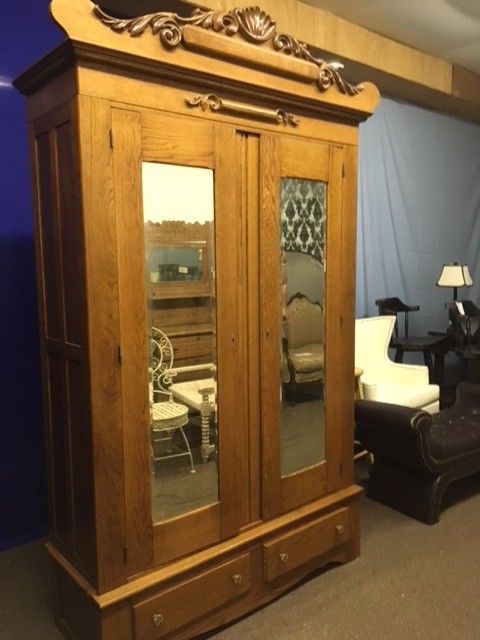 Antique Oak Knock Down Armoire with Mirrored Doors