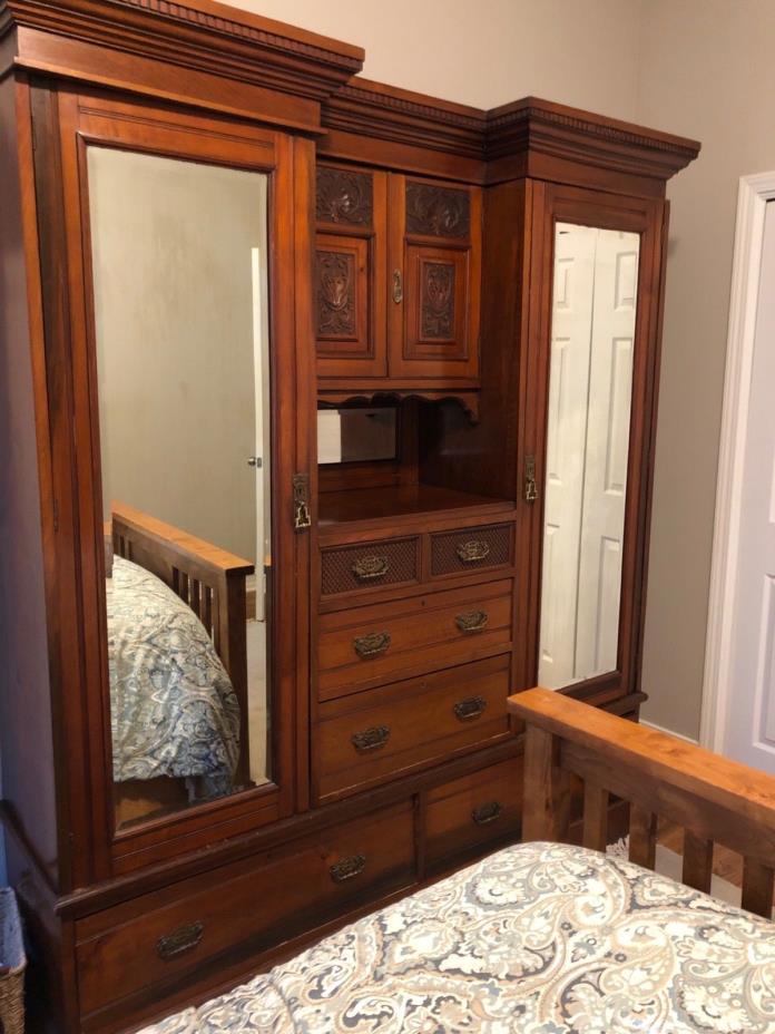 Antique English Edwardian Walnut Armoire Wardrobe