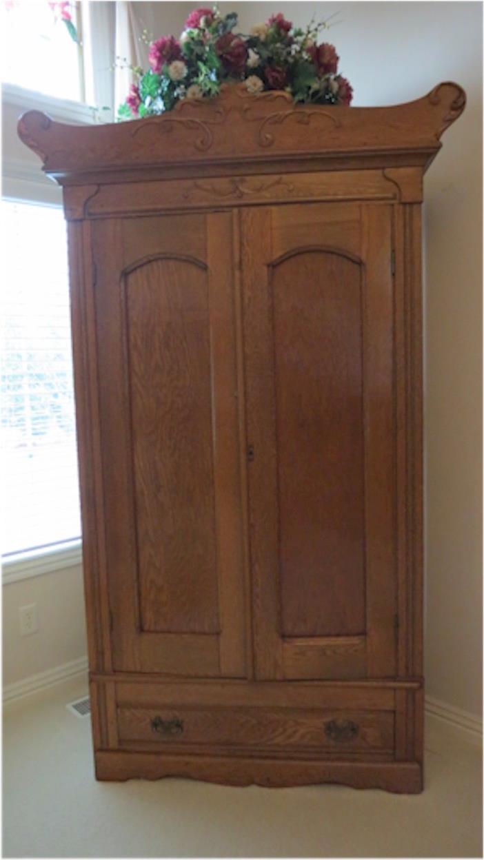 Antique Oak Original Knock-Down 2-Door Wardrobe Armoire with Drawer